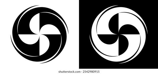 Espiral de fundo abstrata com 4 segmentos. Design de arte círculo conceito como uma flor. Linhas pretas em um plano de fundo branco e linhas brancas no lado preto.