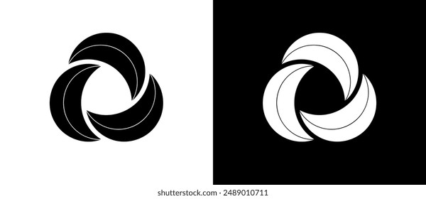 Fondo Abstractas con espiral. Diseño de líneas de arte logo o icono. Una figura negra sobre fondo blanco y una figura igualmente blanca en el lado negro.