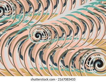 Abstract background with spiral elements for textiles or wallpaper. Colored spiral-shaped lines for interior solutions, fabric products, prints, decor, fashion trends, backgrounds and textures, etc. 