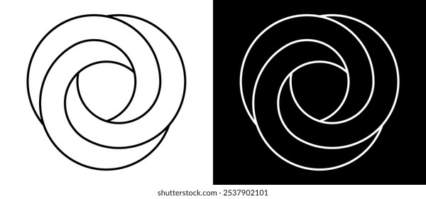 Fondo Abstractas con espiral en triángulo. Las líneas de arte diseñan el logotipo o el icono. Una figura negra sobre un fondo blanco y una figura igualmente blanca en el lado negro.