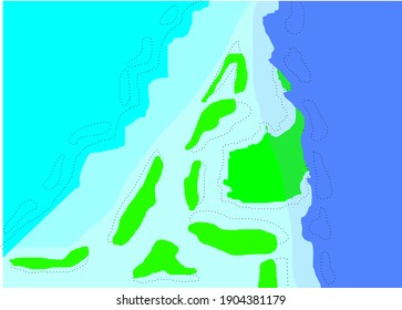 Abstract background. Spots of color: blue, dark blue, turquoise, light green. Nature. Top view. southern islands, sea, ocean. Blank, template. Vector graphics.
