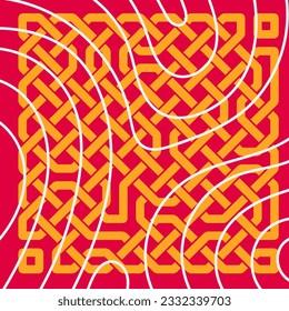 Abstract background square card with geometric celtic knots ornaments overlay and curvy stripes. Square wallpaper with geometric memphis style and curves.