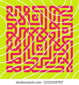Abstract background square card with geometric celtic knots ornaments overlay and curvy stripes. Square wallpaper with geometric memphis style and curves.