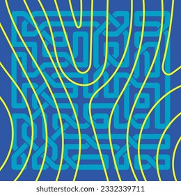 Abstract background square card with geometric celtic knots ornaments overlay and curvy stripes. Square wallpaper with geometric memphis style and curves.