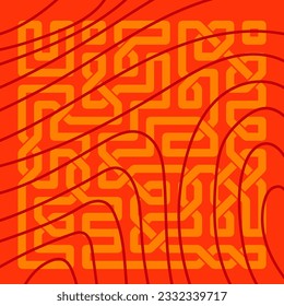 Abstract background square card with geometric celtic knots ornaments overlay and curvy stripes. Square wallpaper with geometric memphis style and curves.