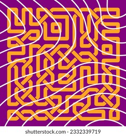 Abstract background square card with geometric celtic knots ornaments overlay and curvy stripes. Square wallpaper with geometric memphis style and curves.