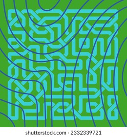 Abstract background square card with geometric celtic knots ornaments overlay and curvy stripes. Square wallpaper with geometric memphis style and curves.