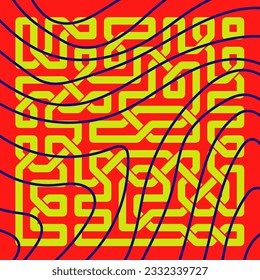 Abstract background square card with geometric celtic knots ornaments overlay and curvy stripes. Square wallpaper with geometric memphis style and curves.