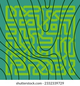Abstract background square card with geometric celtic knots ornaments overlay and curvy stripes. Square wallpaper with geometric memphis style and curves.