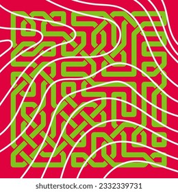 Abstract background square card with geometric celtic knots ornaments overlay and curvy stripes. Square wallpaper with geometric memphis style and curves.