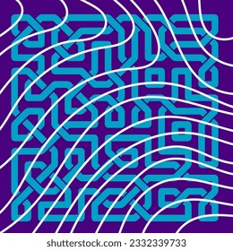 Abstract background square card with geometric celtic knots ornaments overlay and curvy stripes. Square wallpaper with geometric memphis style and curves.