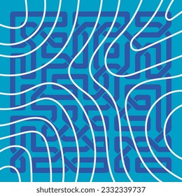 Tarjeta cuadrada de fondo abstracta con ornamentos geométricos de nudos celtas superpuesta y rayas curvadas. Papel cuadrado con estilo de memphis geométricos y curvas.