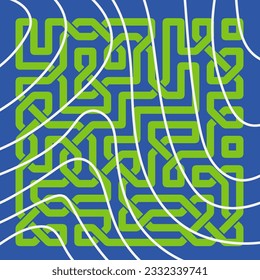Abstract background square card with geometric celtic knots ornaments overlay and curvy stripes. Square wallpaper with geometric memphis style and curves.
