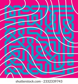 Abstract background square card with geometric celtic knots ornaments overlay and curvy stripes. Square wallpaper with geometric memphis style and curves.