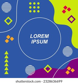 Abstract background square card with various geometric shapes ornaments and text space. Square wallpaper with geometric memphis style.