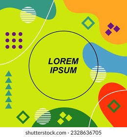 Abstract background square card with various geometric shapes ornaments and text space. Square wallpaper with geometric memphis style.