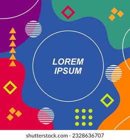 Abstract background square card with various geometric shapes ornaments and text space. Square wallpaper with geometric memphis style.
