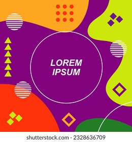Abstract background square card with various geometric shapes ornaments and text space. Square wallpaper with geometric memphis style.