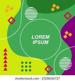 Abstract background square card with various geometric shapes ornaments and text space. Square wallpaper with geometric memphis style.