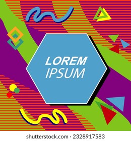Abstract background square card with various geometric shapes ornaments and text space. Square wallpaper with geometric memphis style.