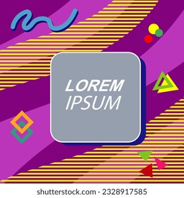 Abstract background square card with various geometric shapes ornaments and text space. Square wallpaper with geometric memphis style.
