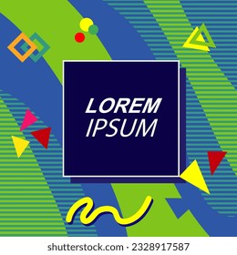 Abstract background square card with various geometric shapes ornaments and text space. Square wallpaper with geometric memphis style.