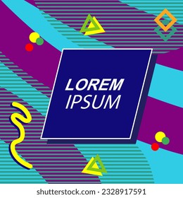 Abstract background square card with various geometric shapes ornaments and text space. Square wallpaper with geometric memphis style.