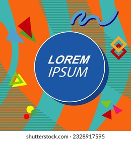 Abstract background square card with various geometric shapes ornaments and text space. Square wallpaper with geometric memphis style.