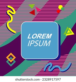Abstract background square card with various geometric shapes ornaments and text space. Square wallpaper with geometric memphis style.
