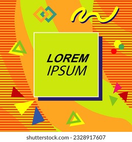 Abstract background square card with various geometric shapes ornaments and text space. Square wallpaper with geometric memphis style.