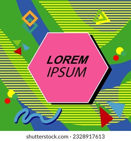 Abstract background square card with various geometric shapes ornaments and text space. Square wallpaper with geometric memphis style.