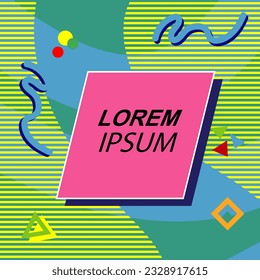 Abstract background square card with various geometric shapes ornaments and text space. Square wallpaper with geometric memphis style.