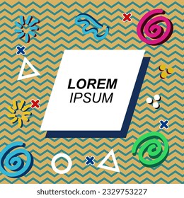 Abstract background square card with various geometric shapes ornaments and text space. Square wallpaper with geometric memphis style.