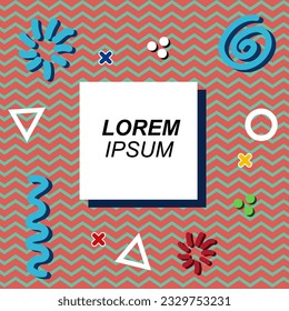 Abstract background square card with various geometric shapes ornaments and text space. Square wallpaper with geometric memphis style.