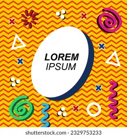 Abstract background square card with various geometric shapes ornaments and text space. Square wallpaper with geometric memphis style.