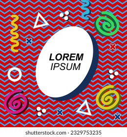 Abstract background square card with various geometric shapes ornaments and text space. Square wallpaper with geometric memphis style.