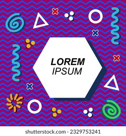Abstract background square card with various geometric shapes ornaments and text space. Square wallpaper with geometric memphis style.