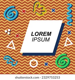 Abstract background square card with various geometric shapes ornaments and text space. Square wallpaper with geometric memphis style.