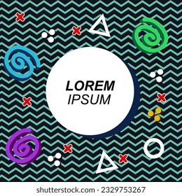 Abstract background square card with various geometric shapes ornaments and text space. Square wallpaper with geometric memphis style.