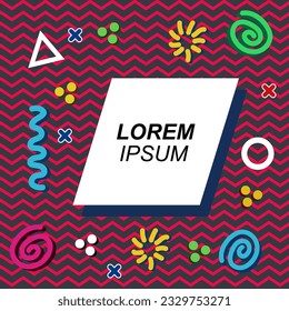 Abstract background square card with various geometric shapes ornaments and text space. Square wallpaper with geometric memphis style.