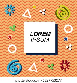 Abstract background square card with various geometric shapes ornaments and text space. Square wallpaper with geometric memphis style.