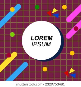 Abstract background square card with various geometric shapes ornaments and text space. Square wallpaper with geometric memphis style.