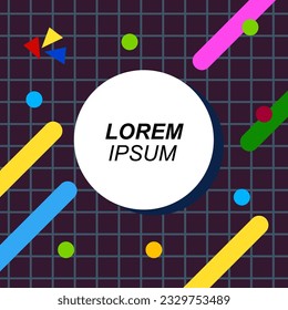 Abstract background square card with various geometric shapes ornaments and text space. Square wallpaper with geometric memphis style.