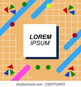 Abstract background square card with various geometric shapes ornaments and text space. Square wallpaper with geometric memphis style.
