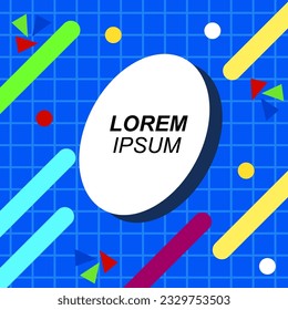 Abstract background square card with various geometric shapes ornaments and text space. Square wallpaper with geometric memphis style.