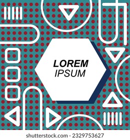 Abstract background square card with various geometric shapes ornaments and text space. Square wallpaper with geometric memphis style.