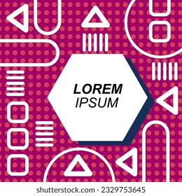 Abstract background square card with various geometric shapes ornaments and text space. Square wallpaper with geometric memphis style.
