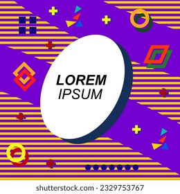 Abstract background square card with various geometric shapes ornaments and text space. Square wallpaper with geometric memphis style.