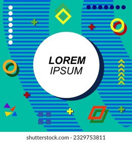 Abstract background square card with various geometric shapes ornaments and text space. Square wallpaper with geometric memphis style.