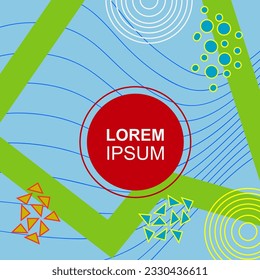 Abstract background square card with various geometric shapes ornaments and text space. Square wallpaper with geometric memphis style.